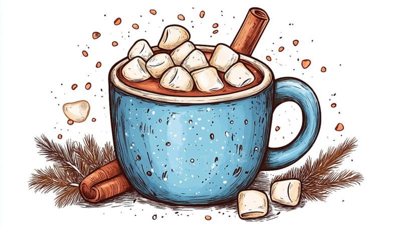 Handcrafted Mug Of Hot Chocolate Or Cocoa With Marshmallows: A Cozy Winter Doodle. Perfect Seasonal Warm Drink For Cafe Menus, Invitations, Advertising, And Cards, AI generated