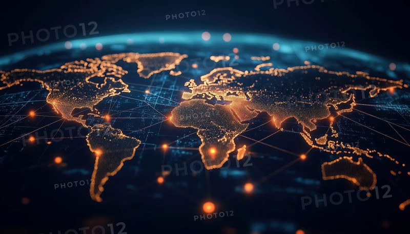 Digital Image Showing Network Connections Across World Map With A Black Background. Focus On European Economy, Finance, Politics, And Technology, AI generated