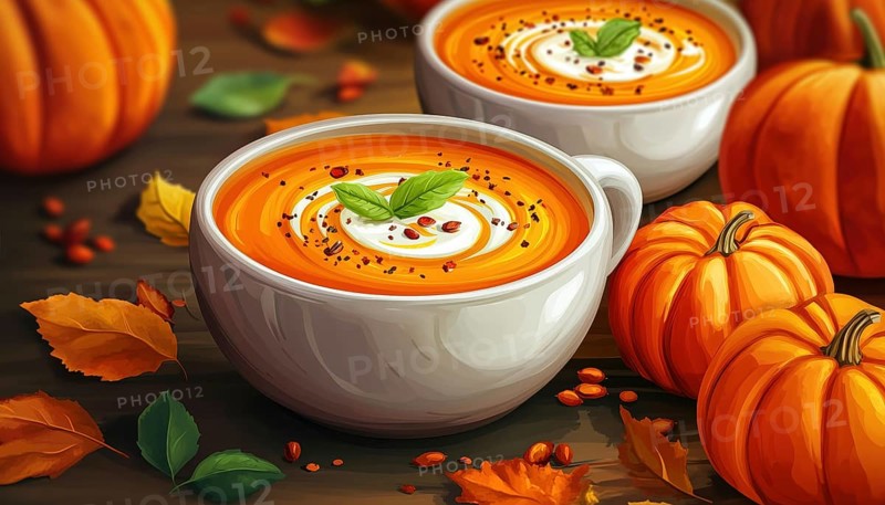 Organic Pumpkin Cream Soup: Hand Drawn Farm Fresh Delight Perfect For Cafe, Menu, Restaurant, And More. Ideal For Thanksgiving And Detox Diet, AI generated