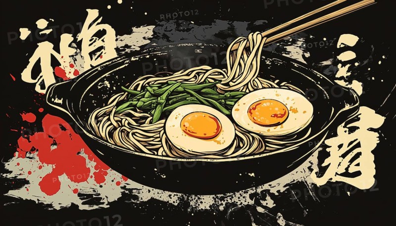 Traditional Japanese Dish Sticker: Hand-Drawn Soba With Stylized Lettering And Ink Drops. Featuring Noodles, Eggs, And Vegetables For Restaurant Menus And Posters, AI generated