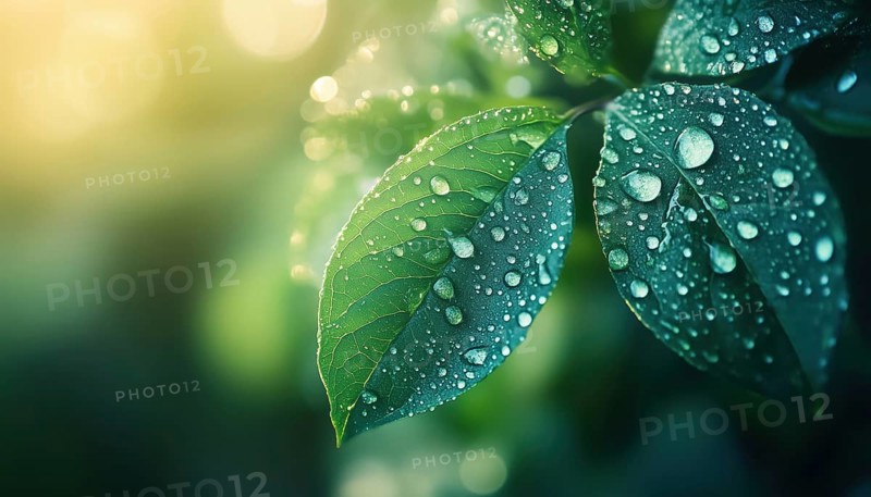 Serenity In The Outdoors: Calming Shades Of Blue And Green, Close-Up Of Morning Dew On Leaves Under Sunlight. Perfect For Nature-Themed Wallpaper. Tranquil Spring/Summer Close-Up, AI generated