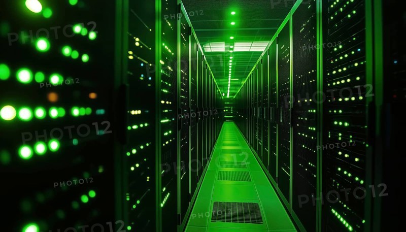 Glowing Green Ambient Light Illuminating Rows Of Servers In Data Center: Technology, Network, Infrastructure, Cybersecurity, Digital, Server Room Environment, AI generated