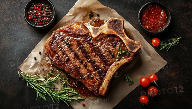 Juicy Aged Beef T-Bone Steak With Rosemary And Spices, Top View In Rustic Setting. Deliciously Cooked And Ready To Enjoy, AI generated