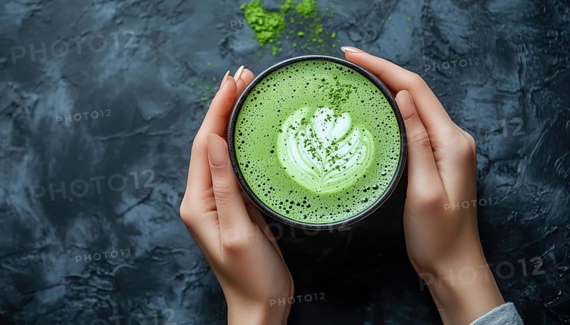 Top View Shot Of Woman Holding A Delicious Matcha Latte In A Dark Gray Background, Captured In A Close-Up Perspective, AI generated