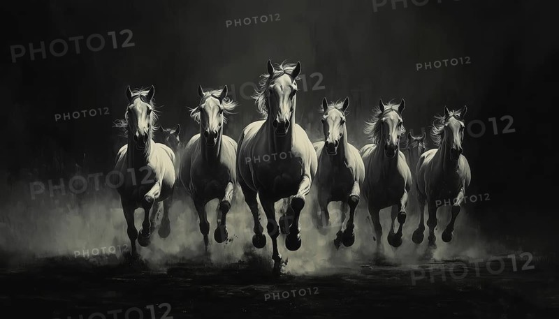 A Stunning Scene Of Gray Scale Horses Galloping Towards The Viewer In A Majestic Herd - A Breathtaking Sight!, AI generated
