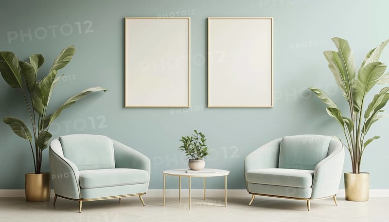 Pastel Interior Classic Mock-Up Poster Featuring Soft Armchairs, Plant, And Lamps - Rendered Design For Presentation, AI generated