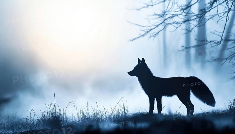 Magical Misty Landscape: Fox Silhouette Standing On Meadow In Forest With Trees, Grass, And Blue Grey Fog - Bookmark, AI generated