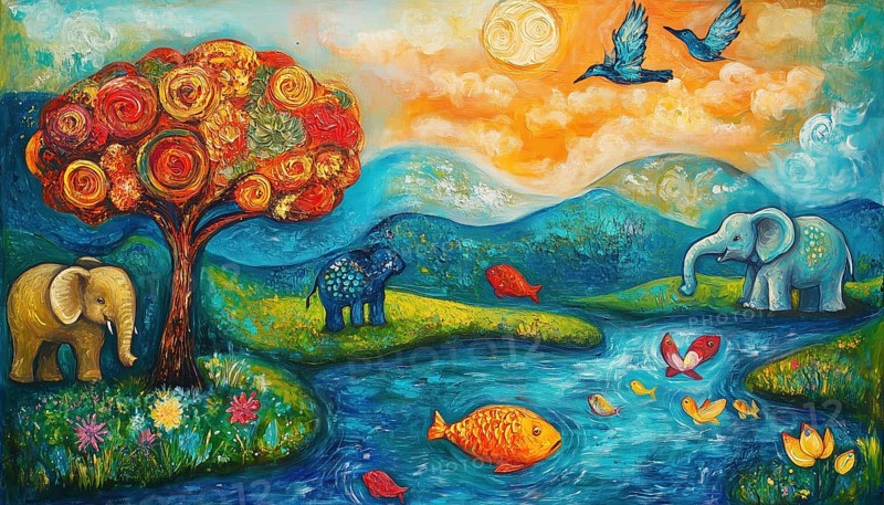 Semi-Abstract Fantasy Oil And Acrylic Painting Depicting A Tree, Fish, Elephant, And Bird In Landscape. Hand Painted Children'S Art. Nature-Themed, AI generated