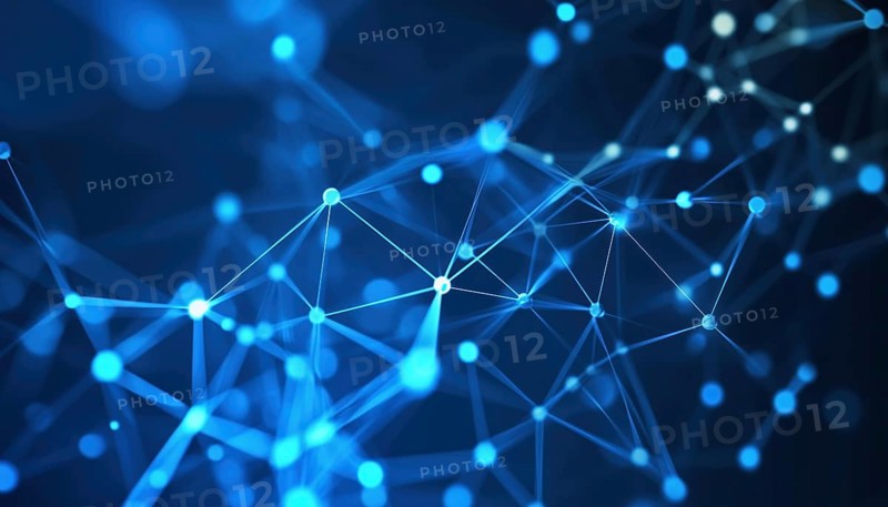 Abstract Internet Network Connection For Website: Digital Data, Communication, Science, And Futuristic Molecule Network Connected With Dots, Technology On Blue, AI generated