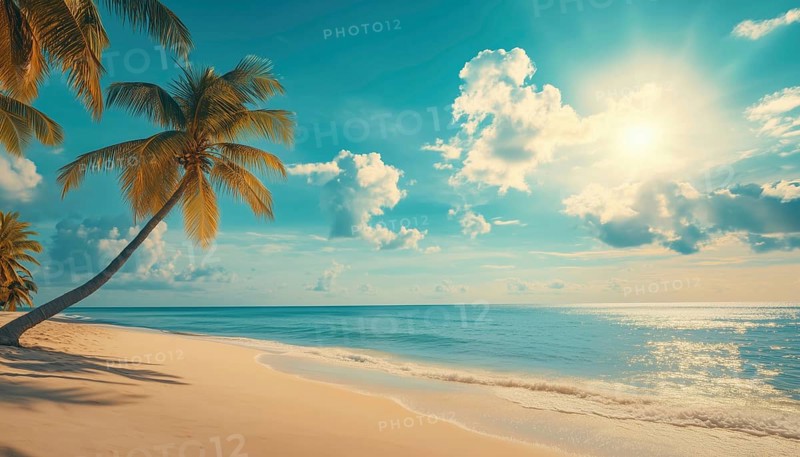 Sun-Kissed Tropical Paradise: Relaxing On The Island Beach With Coconut Palm Trees, Perfect For Your Holiday Getaway, AI generated
