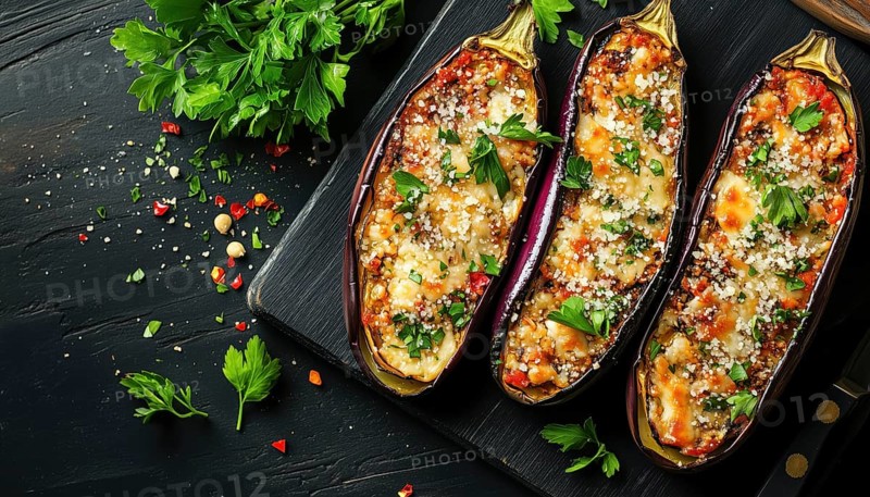 Delicious Baked Eggplant Topped With Parmesan Cheese On A Stylish Black Wooden Platter - Perfect For Your Next Meal! Free Space Available For Your Customizations. Top View, AI generated