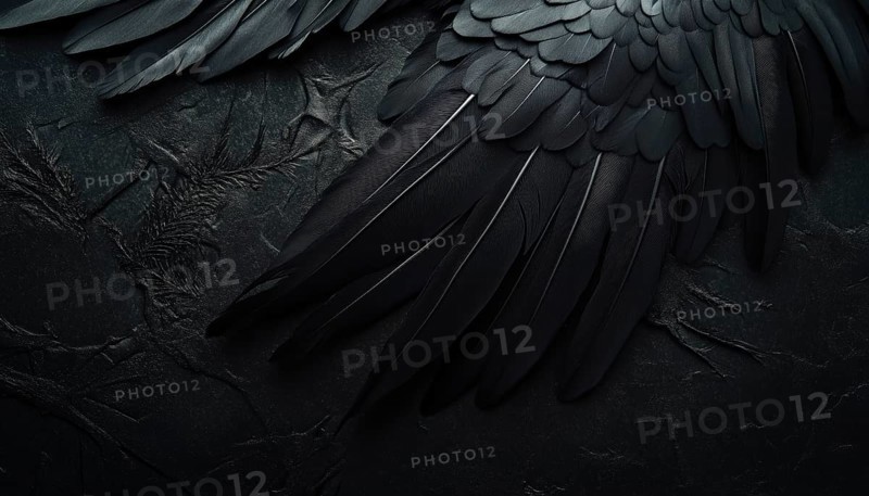 Spooky Halloween Decor: Black Raven Feathers On A Dark Grunge Background. Creepy Gothic Abstract Image With Copy Space And Close-Up Of Bird Wing Texture, AI generated
