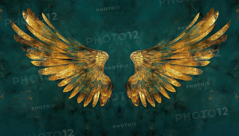 Luxurious Gold Bird Wings With Abstract Symmetry On Dark Teal Blue Green Background: A Stunning Combination Of Elegance And Beauty, AI generated