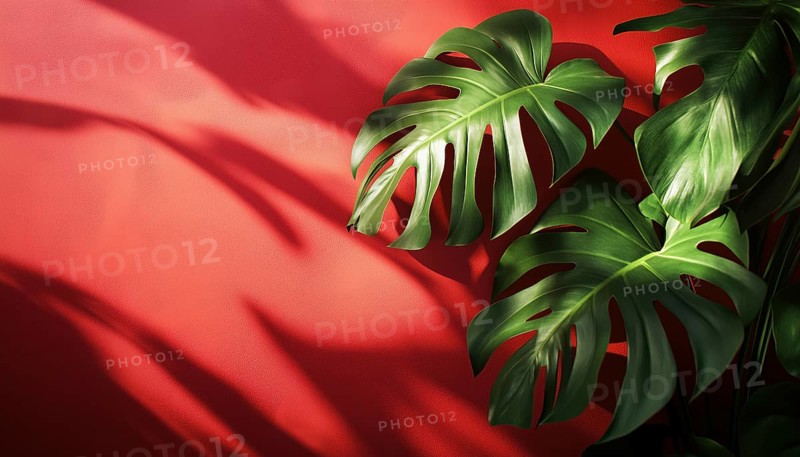 Premium Mockup Featuring Monstera Shadow And Sunlight On Red Wall For Presentation, Branding Products, Cosmetics, Food, Technology, Or Jewelry, AI generated