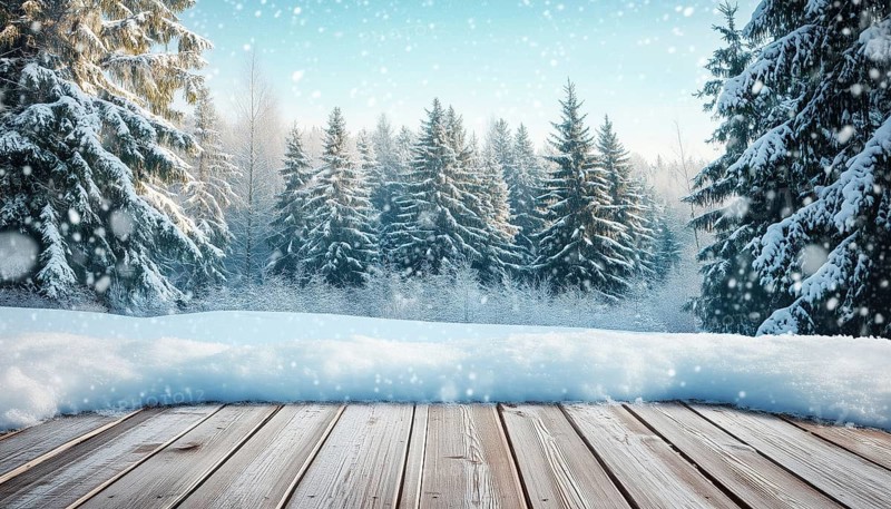 Winter Christmas Scene With Ample Copy Space: Snow-Covered Wooden Flooring In Forest Amidst Fir Trees Blanketed In Snow. Ideal For Nature Lovers, AI generated