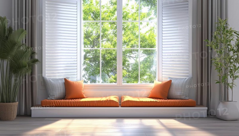 Interior Decoration: Window Treatments, Curtains, Blinds, Drapes, And Shutters In A Home Room With Classic And Modern Elements. Classic Roller Jalousie And Pillows On Windowsills, AI generated