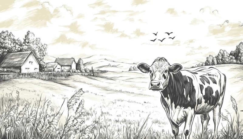 Cows Grazing In The Meadow On A Dairy Farm: Vintage Sketch Of A Rural Landscape In A Quaint Village Setting, AI generated