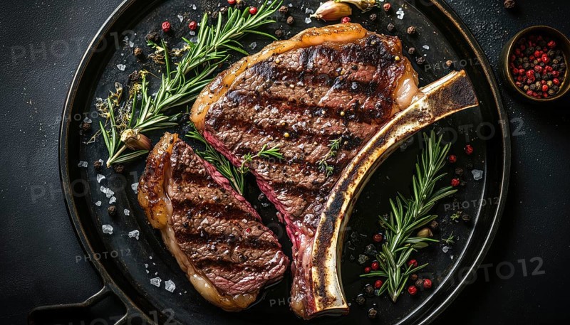 Top-View Grilled Tomahawk Steak On A Metal Plate With Rosemary And Spices, Served On The Bone, AI generated