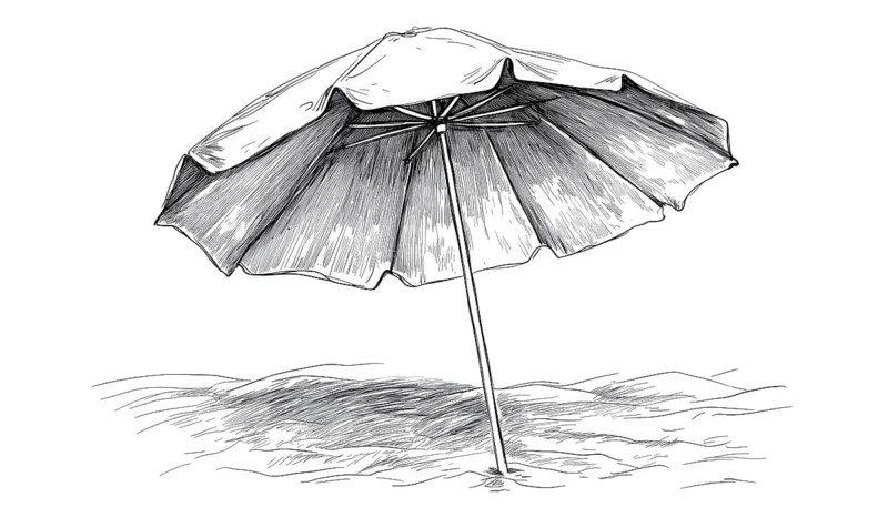 Hand Drawn Beach Umbrella Sketch Clipart: Summer Leisure Vacation Attribute Doodle On White - Engraving Style Illustration For Design, AI generated