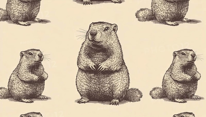 Hand-Drawn Retro Woodchuck Patterns For Fabric, Wallpaper, And Print: Perfect For Groundhog Day Decor And Cards. Ideal For Marmot Sketches, AI generated