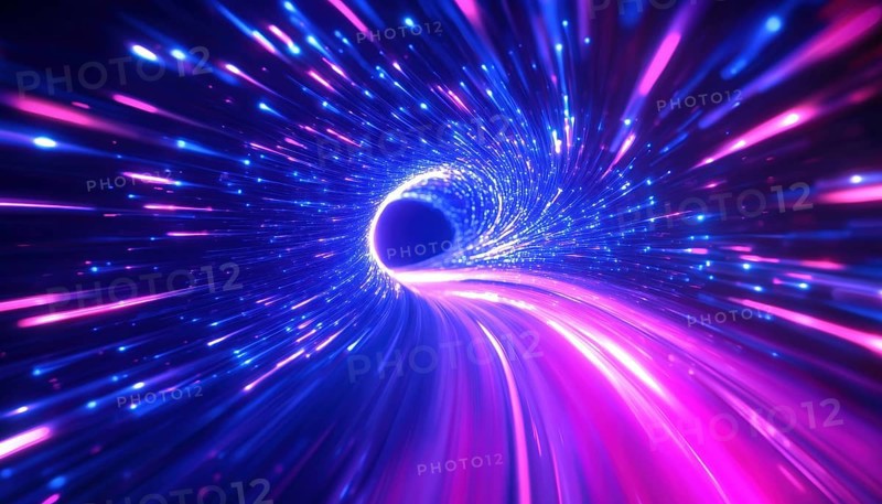 Speedy Neon: Radial Motion Blur With Ultra Violet And Blue Laser Light In Long Exposure Of Cyber Highway And Digital Hyperspace, AI generated