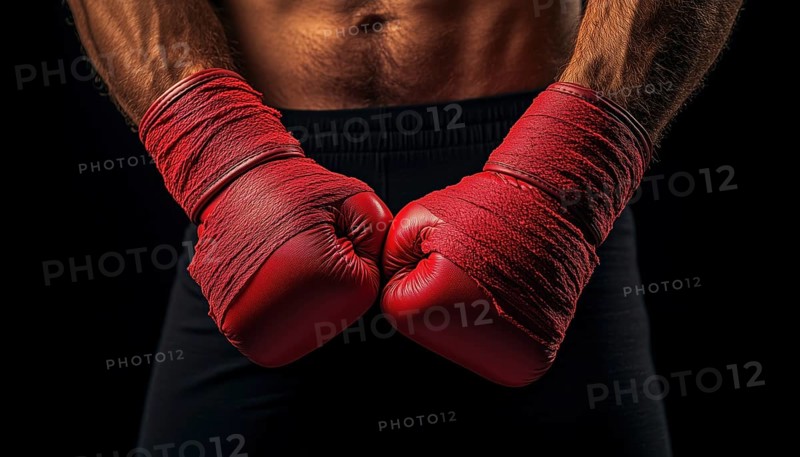Strong Hands And Fists Wrapped In Red Boxing Wraps: Ready For Training And Active Exercise In A Cropped Shot On Black Background, AI generated