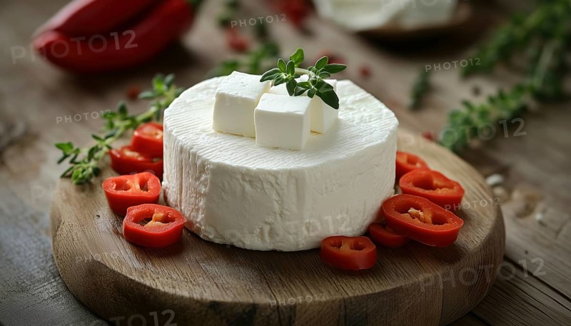 Traditional Cuisine: Feta Cheese With Red Peppers On Vintage Wooden Board - Close-Up Of Round Homemade Soft Cheese, AI generated