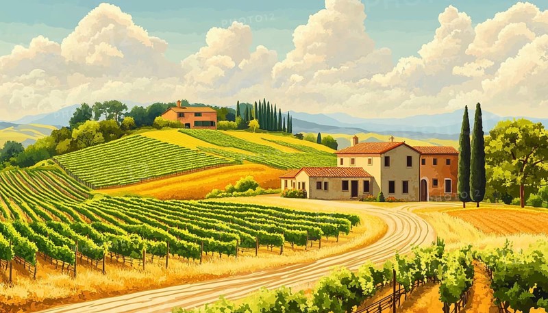 Rural Tuscan Landscape With Farmhouse, Vineyard, Fields, And Hills. Handcrafted Illustration With Layered Objects. Vintage Style Poster Design, AI generated