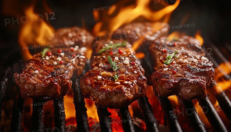 Sizzling Beef Steaks And Skewers Soaring Over A Cast Iron Grill With Flames. Captured In Stunning Freeze-Frame Barbecue Action, AI generated