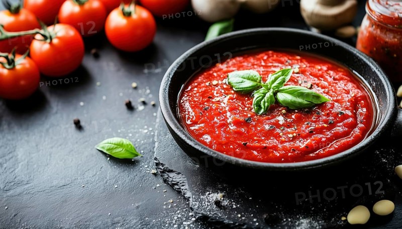 Delicious Italian Tomato Sauce, Pasta Dressing, And Pizza Cooked In A Frying Pan On A Black Background With Copy Space Available, AI generated