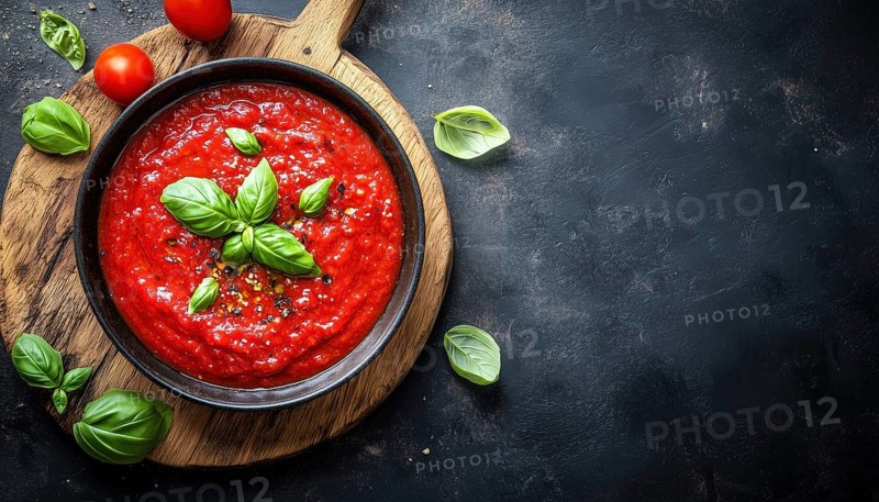 Top-View Image Of Tomato Sauce In A Frying Pan, Placed On A Wooden Board On A Black Surface. Marinara Sauce Featuring Basil Leaves With Copy Space Available, AI generated