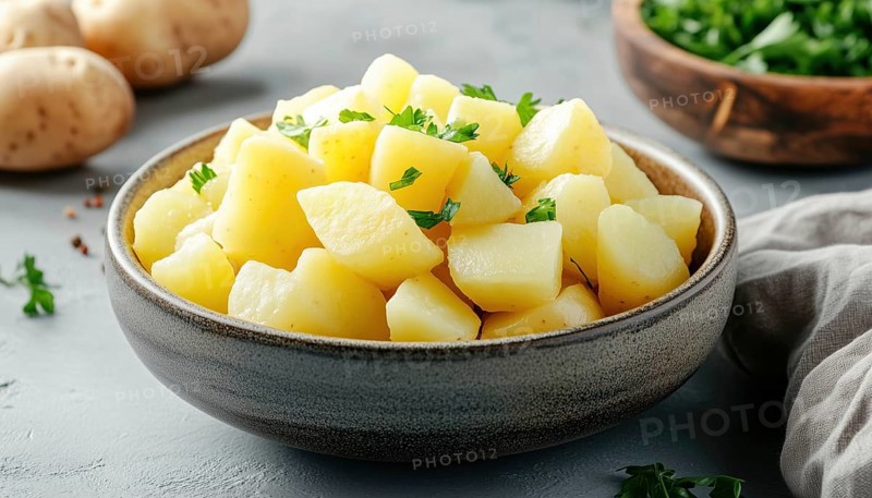 Close-Up Side View Of Diced Boiled Potatoes In A White Bowl: Tasty And Fresh Potato Dish Ready To Serve, AI generated