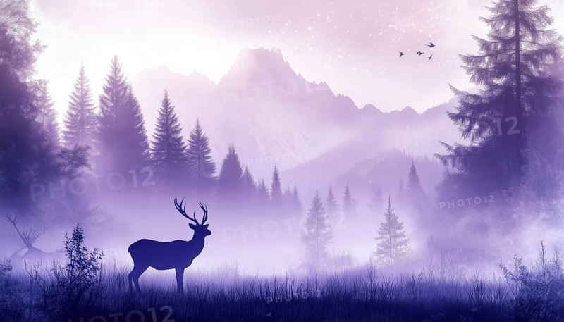 Enchanting Scene Of Deer Family Standing In Meadow Among Trees And Mist In A Violet Bookmark: A Magical Forest Landscape, AI generated