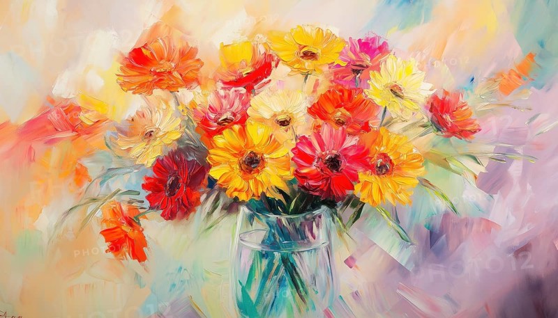 Hand Painted Abstract Oil Painting Depicting Spring Flowers: Yellow And Red Gerbera, Full Bouquet In Glass Vase. Floral Modern Impressionist, AI generated