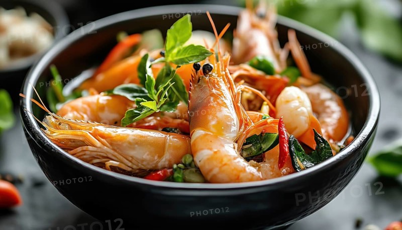 Close-Up View Of Exotic Asian Restaurant Food Menu Featuring Hot Boiled Shrimps With Natural Vegetables And Spices In Traditional Vietnamese Black Bowler Pot, AI generated