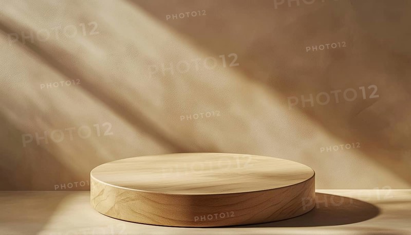 Wooden Round Board With Spotlight From Above: Cylinder Shape Podium And Stand Casting A Shadow On Beige Wall For Product Presentation, Front View Mockup, AI generated