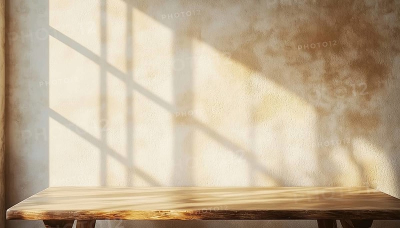 Beige Wall With Empty Table, Window Shadow, And Sunlight: Ideal Set-Up For Presentations, Branding Products, Cosmetics, Food, Or Jewelry Mock-Ups, AI generated