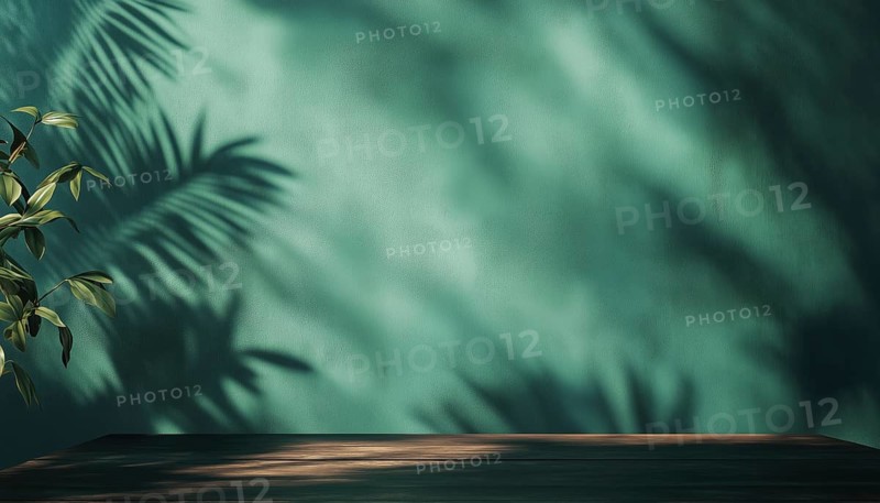 Empty Table On Dark Green Wall With Botanical Shadows: Ideal Mock-Up For Presentations And Branding Various Products, AI generated