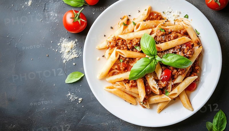 Delicious Penne Pasta With Bolognese Sauce And Basil Served In A White Plate On A Light Background. Top View With Space For Text, AI generated