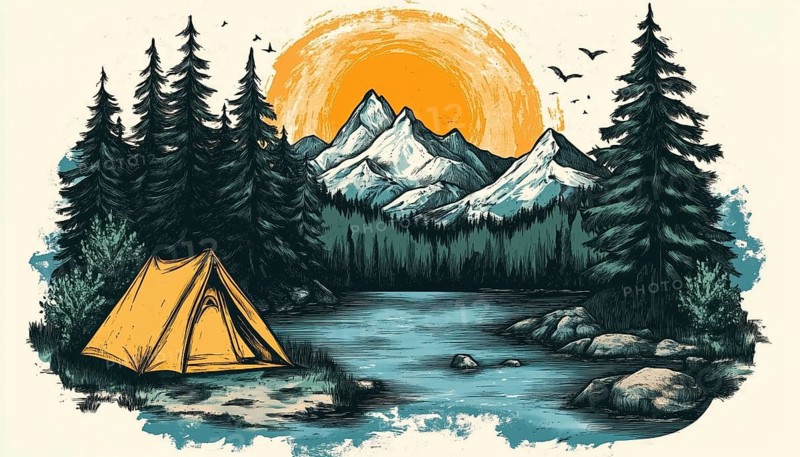 Exploring The Outdoors: Camping And Mountain Adventure For T-Shirt, Tee, Patch Emblem Badge. Perfect Outdoor Gear For Nature Enthusiasts, AI generated