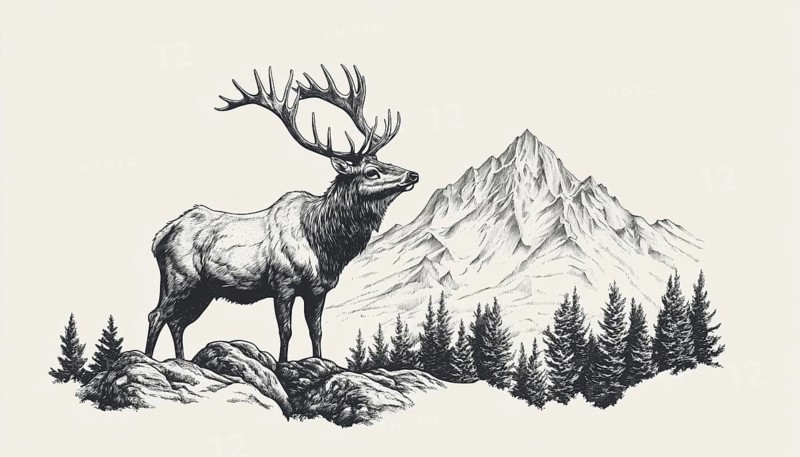 Elk Mountain Ado In Mono: Art For Badge, Sticker, Patch, T-Shirt, And More! Capture The Beauty Of This Stunning Design, AI generated
