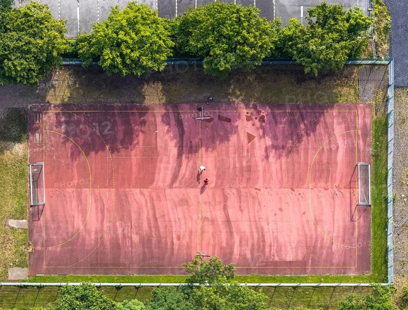 Aerial view, sports field at Werl leisure pool, Werl, Soester Börde, North Rhine-Westphalia, Germany, DE, Europe, shapes and colours, handball court, aerial view, aerial photography, aerial photography, sports, sports facilities, sports field, sports venue, overview, bird's-eye view, overview