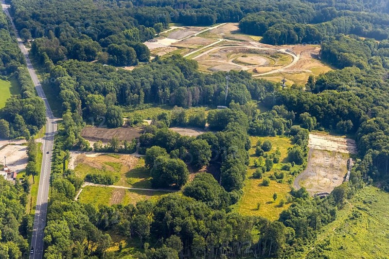 Aerial photo, construction site, landscaping tower in the Werl city forest on the border between Werl and Wickede, Werl, Soester Börde, North Rhine-Westphalia, Germany, construction work, construction area, building site, building plots, construction project, construction site, DE, Europe, aerial photo, aerial photography, aerial photography, overview, bird's-eye view, construction, birds-eyes view, overview