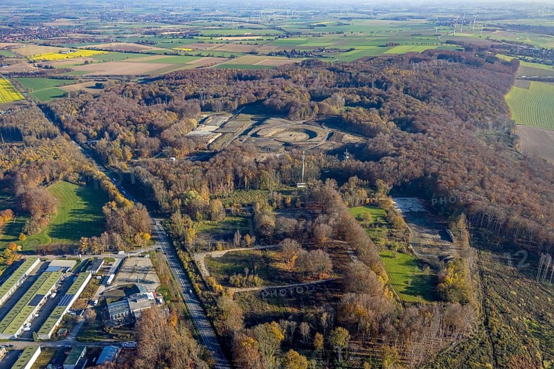 Aerial view, landscape construction construction site and new construction of an observation tower in the Werl city forest at the city limits of Werl and Wickede, Werl, Soester Börde, North Rhine-Westphalia, Germany, construction work, construction area, building site, building plots, construction project, construction site, DE, Europe, landscaping project, aerial photograph, aerial photography, aerial photography, overview, bird's-eye view, former British military camp, overview