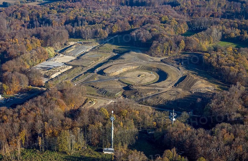 Aerial view, landscape construction construction site and new construction of an observation tower in the Werl city forest at the city limits of Werl and Wickede, Werl, Soester Börde, North Rhine-Westphalia, Germany, construction work, construction area, building site, building plots, construction project, construction site, DE, Europe, landscaping project, aerial photograph, aerial photography, aerial photography, overview, bird's-eye view, former British military camp, overview