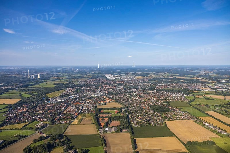 Aerial view of a town with surrounding fields and forest under a blue sky, aerial view Werl overview, Amazon distribution centre Werne, Werne, North Rhine-Westphalia, Germany