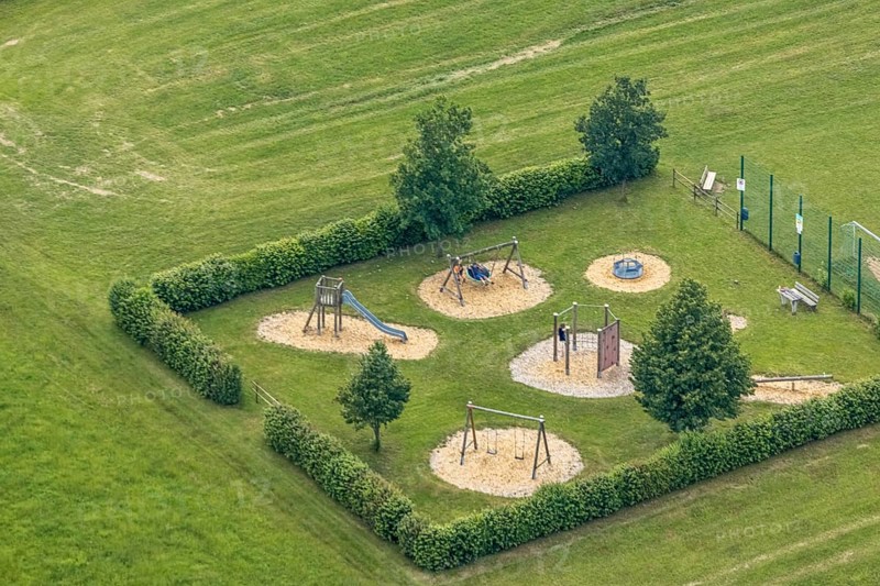 Aerial view, playground In der Schlade, Hillmicke, Wenden, Sauerland, North Rhine-Westphalia, Germany, DE, Europe, football pitch, children's playground, aerial view, aerial photography, aerial photography, overview, bird's-eye view, overview
