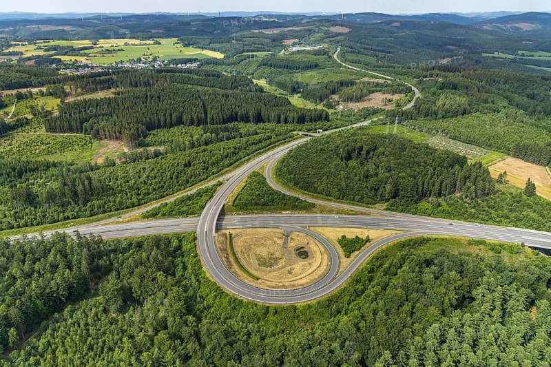 Aerial view, motorway A4, exit Krombach onto the B54, Elben, Schönau, Wenden, Sauerland, North Rhine-Westphalia, Germany, motorway exit, federal road B54, DE, Europe, aerial view, aerial photography, aerial photography, overview, bird's-eye view, overview, wladge
