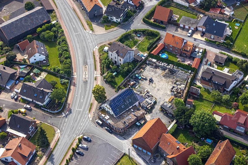 Aerial photo, renovation Lindenschänke eco Hotel with solar roof, Hilbeck, Werl, Soester Börde, North Rhine-Westphalia, Germany, construction project, construction site, DE, Europe, inn, gastronomy, hotel, aerial photo, aerial photography, aerial photography, renovation, refurbishment, overview, bird's-eye view, overview