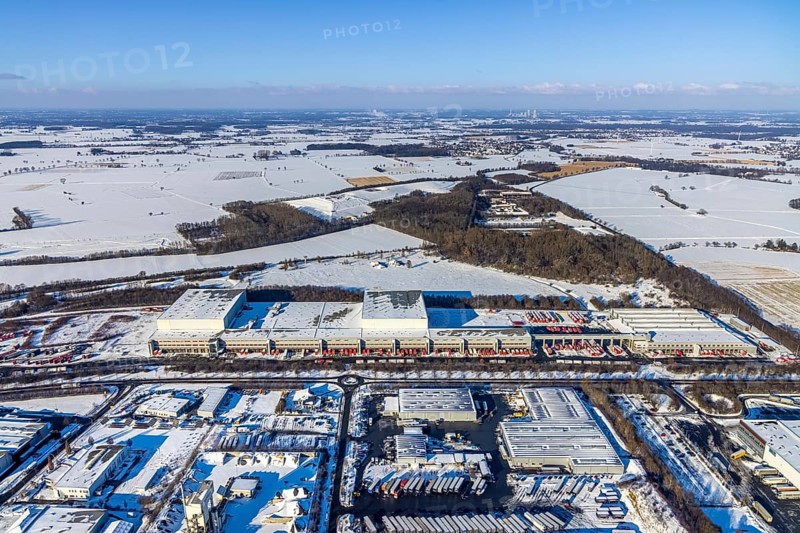 Aerial view, industrial estate KonWerl, ATU warehouse, sewage treatment plant Werl, waste management Soest, winter, snow, Werl, Soester Börde, North Rhine-Westphalia, Germany, Soester, Börde, DE, Europe, birds-eyes, view, aerial photograph, aerial photography, aerial photography, overview, overview, bird's eye view, KonWerl, waste management, industry, trade, economy, commercial enterprise, production, trade, water treatment, drinking water extraction, water purification, waste water